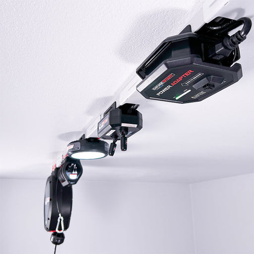 SmarterHome 4ft x 8ft 400lb platform storage lift bundle installed in garage