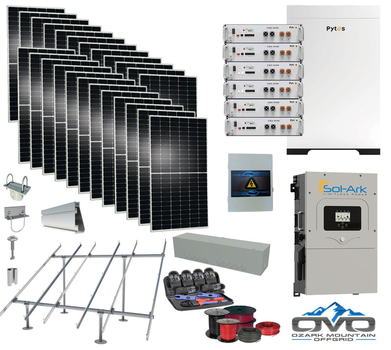 12KW Complete Offgrid Solar Kit - 30.72kWh Pytes Lithium Battery + 15K Sol-Ark Inverter +13.2KW Solar with Ground Mount Rails and Wiring