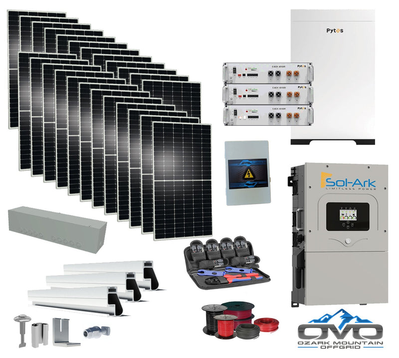 12KW Complete Offgrid Solar Kit - 15.36kWh Pytes Lithium Battery + 15K Sol-Ark Inverter +13.2KW Solar with Mounting Rails and Wiring
