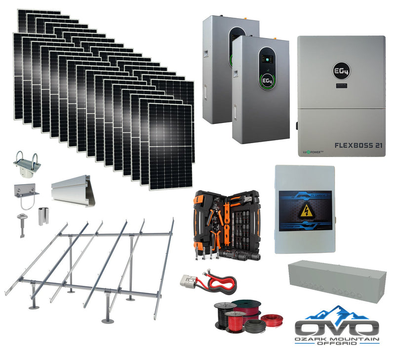 17KW Complete Offgrid Solar Kit + EG4 FlexBOSS21 + 2x 14.3KW 48V EG4 Lithium Indoor Wall Battery + 17.6KW Solar with Ground Mount and Wiring