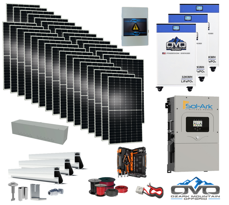 17KW Complete Offgrid Solar Kit - 3x 32kWh OMO 48V Freedom Series Lithium Battery + 15K Sol-Ark Inverter + 17.6KW Solar with Roof Mount and Wiring