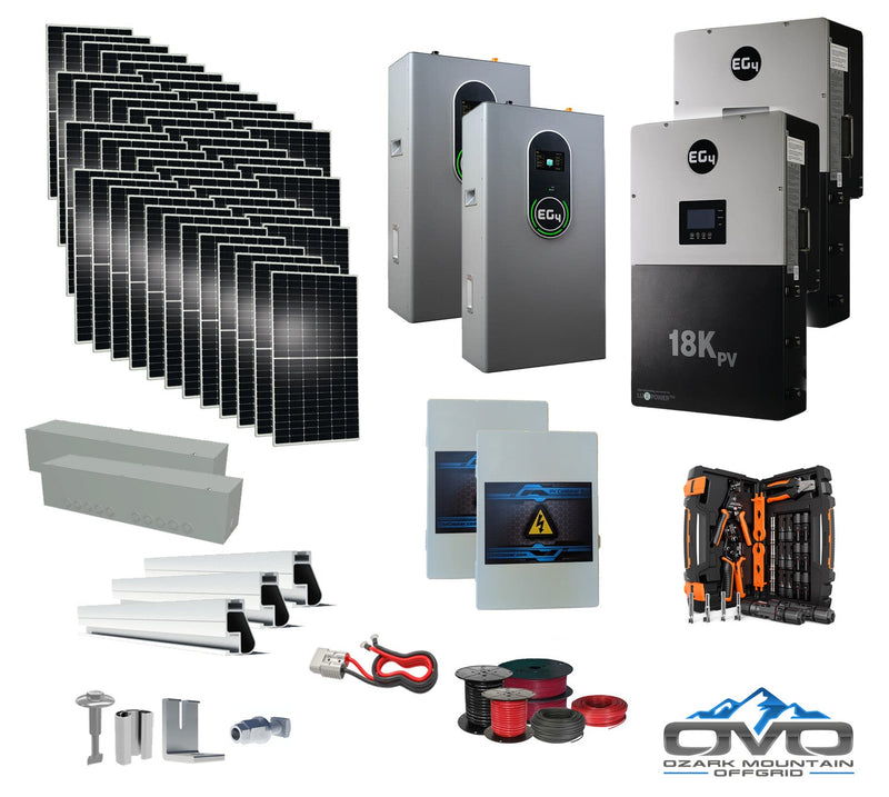 25KW Complete Offgrid Solar Kit + EG4 18kPV + 2x 14.3KW 48V EG4 Lithium Indoor Wall Battery + 26.4KW Solar with Roof Mounting Rails and Wiring
