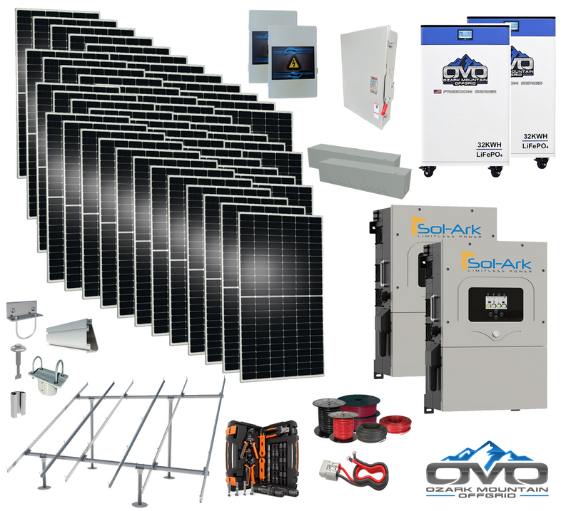 25KW Complete Offgrid Solar Kit - 2x 32kWh OMO 48V Freedom Series Lithium Battery + 2x 15K Sol-Ark Inverter +26.4KW Solar with Ground Mount and Wiring