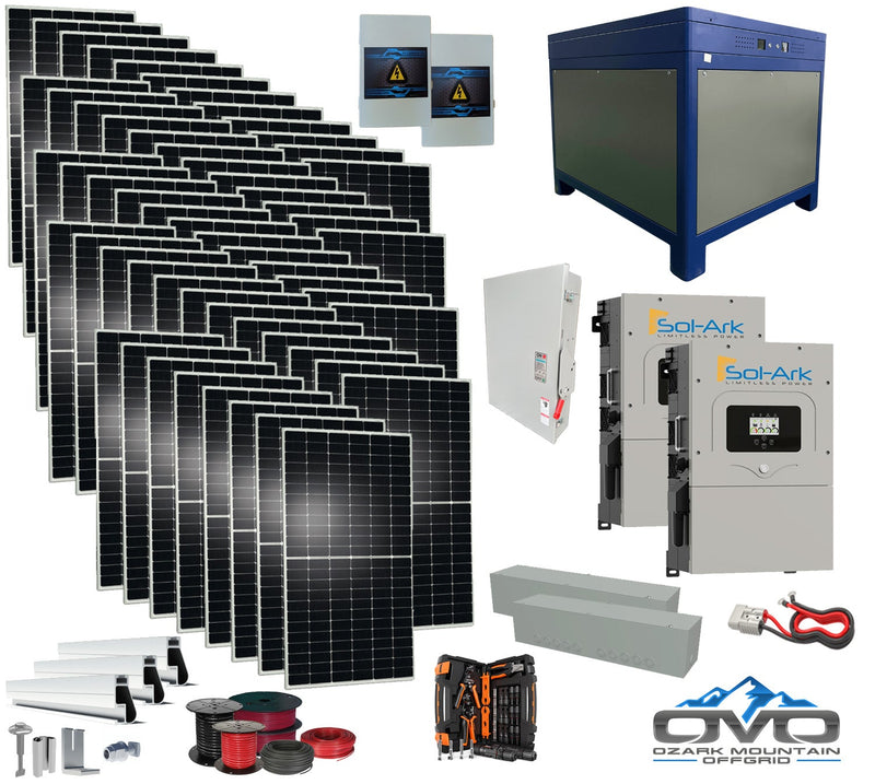 30KW Complete Offgrid Solar Kit + 2x 15K Sol-Ark Inverter + 62kWh Lithium Battery +30.8KW Solar with Roof Mount and Wiring