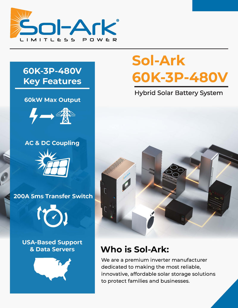 Commercial 240KW Solar Array - 3 Phase 480V Solar Kit + 4x 60K 480V Sol-Ark Inverter + 4x 60KW Sol-Ark OUTDOOR Lithium Battery +242KW Solar with Ground Mount and Wiring
