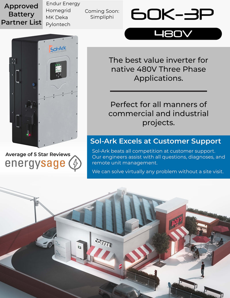 Commercial 240KW Solar Array - 3 Phase 480V Solar Kit + 4x 60K 480V Sol-Ark Inverter + 4x 60KW Sol-Ark OUTDOOR Lithium Battery +242KW Solar with Ground Mount and Wiring