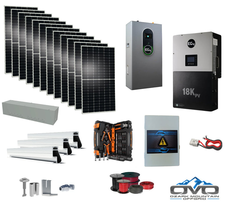 6KW Complete Offgrid Solar Kit + EG4 18kPV Inverter + 14.3KW 48V EG4 Lithium Indoor Wall Battery + 6.6KW Solar with Roof Mounting Rails and Wiring
