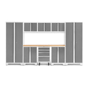 Adjustable steel shelves inside NewAge Bold Series garage cabinets