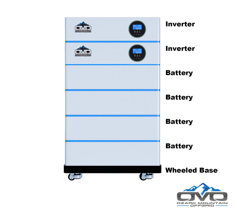 11KW OMO All-In-One Customizable Stacking Inverter/Battery System 120/240 11000W Total Inverter Output + 20.48K Lithium Battery + 11KW Solar Roof Mount
