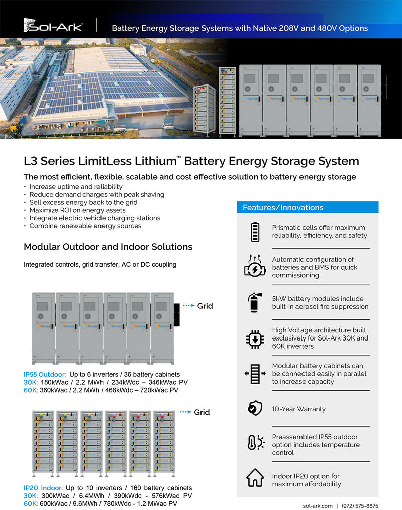 Commercial 240KW Solar Array - 3 Phase 480V Solar Kit + 4x 60K 480V Sol-Ark Inverter + 4x 60KW Sol-Ark OUTDOOR Lithium Battery +242KW Solar with Ground Mount and Wiring