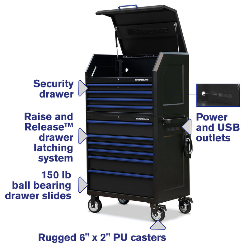 Montezuma Storage 36 in X 24 in 10-Drawer Rolling Tool Chest and Cabinet Combo in Blue and Black