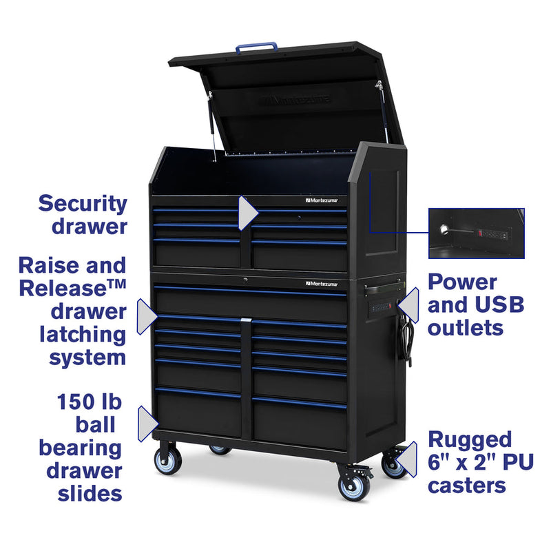 Montezuma Storage 46 in X 24 in 17-Drawer Rolling Tool Chest and Cabinet Combo in Blue and Black