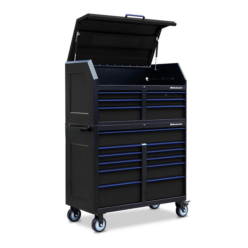 Montezuma Storage 46 in X 24 in 17-Drawer Rolling Tool Chest and Cabinet Combo in Blue and Black
