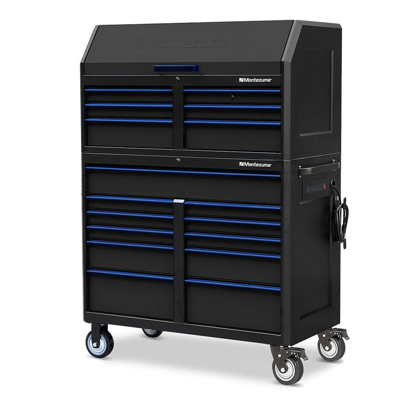 Montezuma Storage 46 in X 24 in 17-Drawer Rolling Tool Chest and Cabinet Combo in Blue and Black