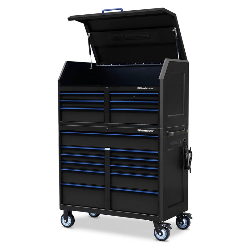 Montezuma Storage 46 in X 24 in 17-Drawer Rolling Tool Chest and Cabinet Combo in Blue and Black