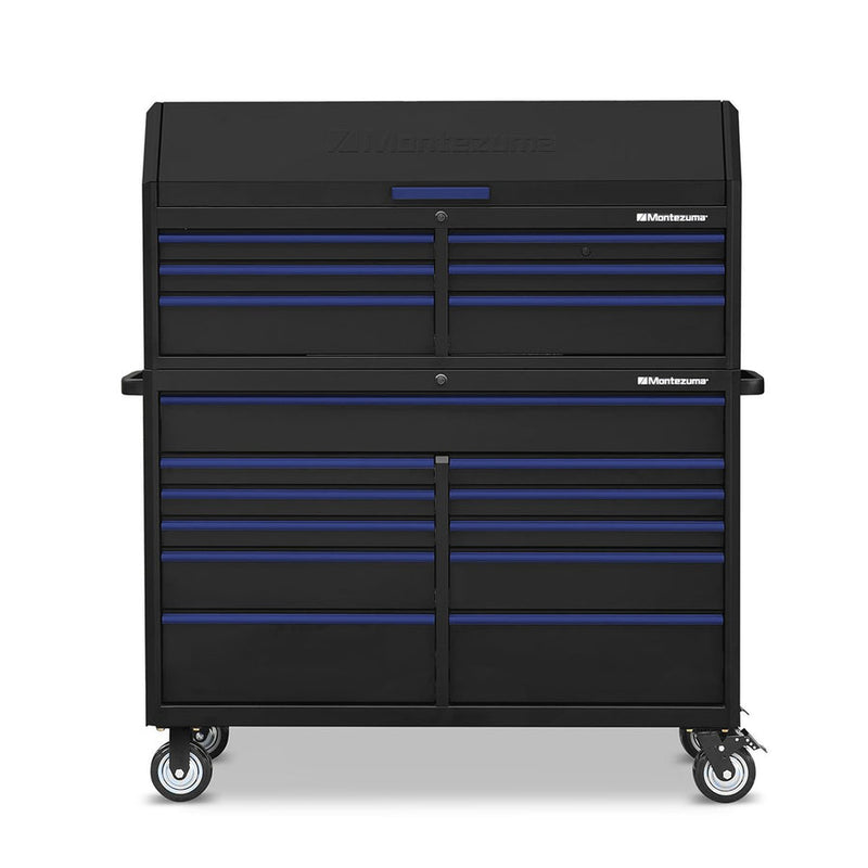 Montezuma Storage 56 in X 24 in 17-Drawer Rolling Tool Chest and Cabinet Combo in Blue and Black