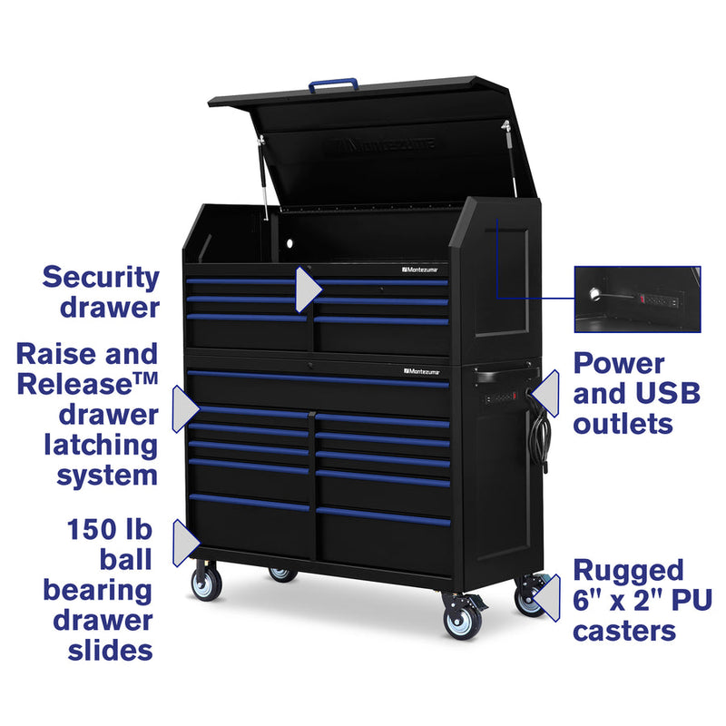 Montezuma Storage 56 in X 24 in 17-Drawer Rolling Tool Chest and Cabinet Combo in Blue and Black
