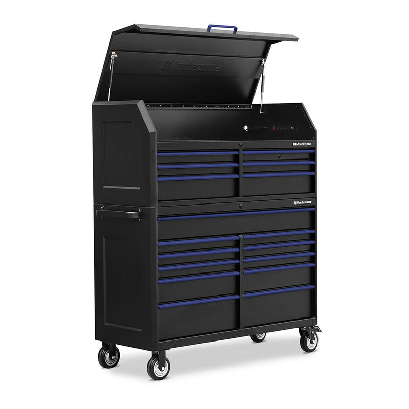 Montezuma Storage 56 in X 24 in 17-Drawer Rolling Tool Chest and Cabinet Combo in Blue and Black