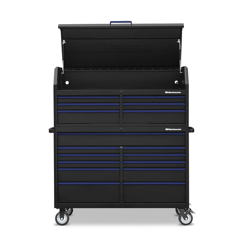 Montezuma Storage 56 in X 24 in 17-Drawer Rolling Tool Chest and Cabinet Combo in Blue and Black