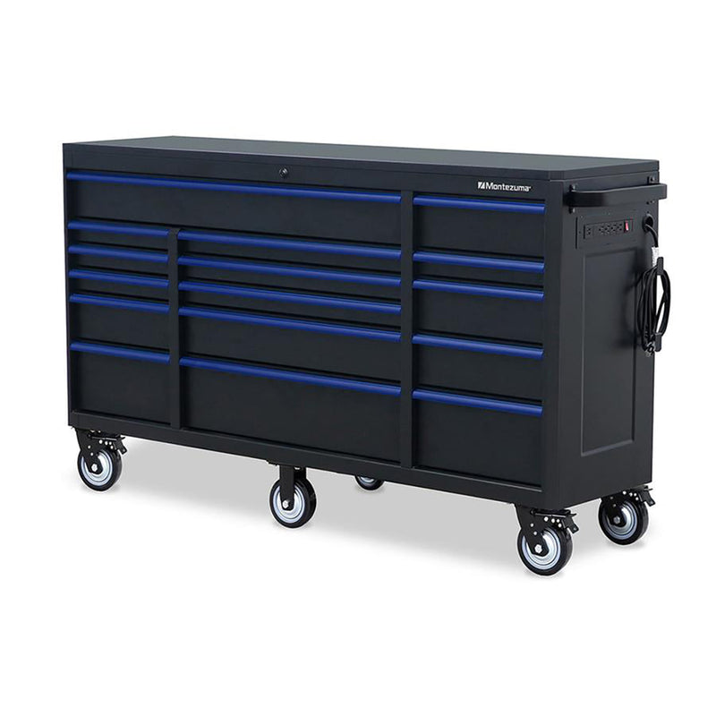 Montezuma Storage 72 in X 20 in 26-Drawer Rolling Tool Chest and Cabinet Combo in Blue and Black