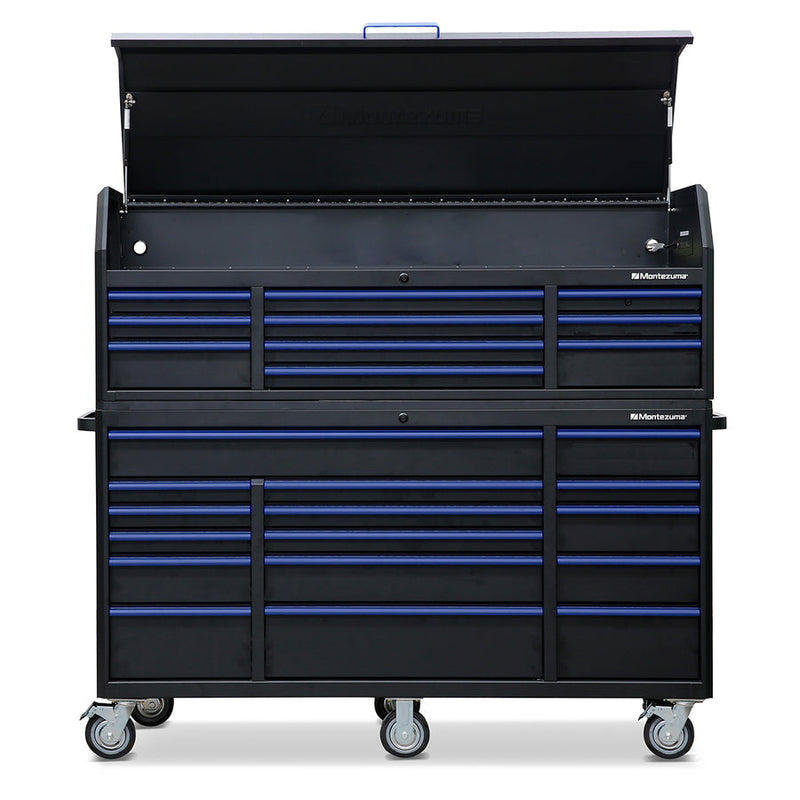 Montezuma Storage 72 in X 20 in 26-Drawer Rolling Tool Chest and Cabinet Combo in Blue and Black