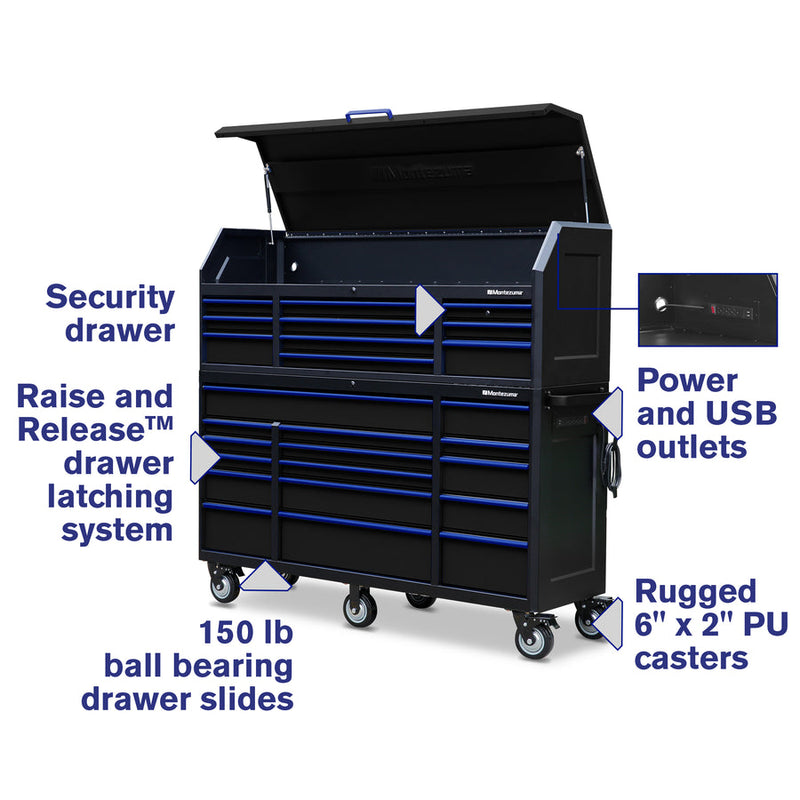 Montezuma Storage 72 in X 20 in 26-Drawer Rolling Tool Chest and Cabinet Combo in Blue and Black