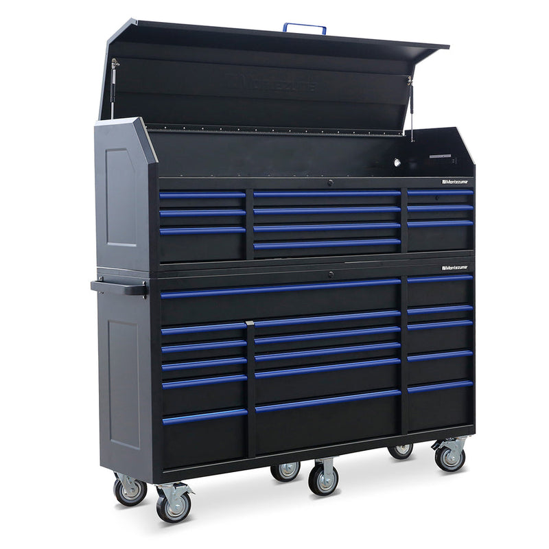 Montezuma Storage 72 in X 20 in 26-Drawer Rolling Tool Chest and Cabinet Combo in Blue and Black