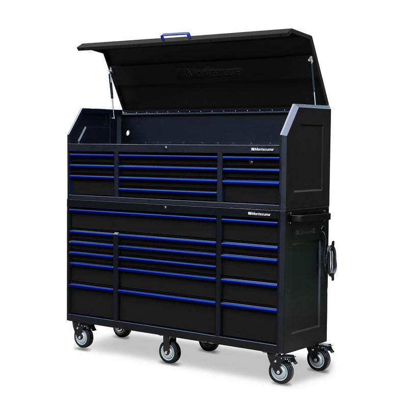 Montezuma Storage 72 in X 20 in 26-Drawer Rolling Tool Chest and Cabinet Combo in Blue and Black