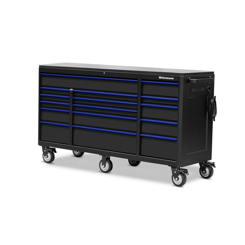 Montezuma Storage 72 in X 24 in 26-Drawer Rolling Tool Chest and Cabinet Combo in Blue and Black
