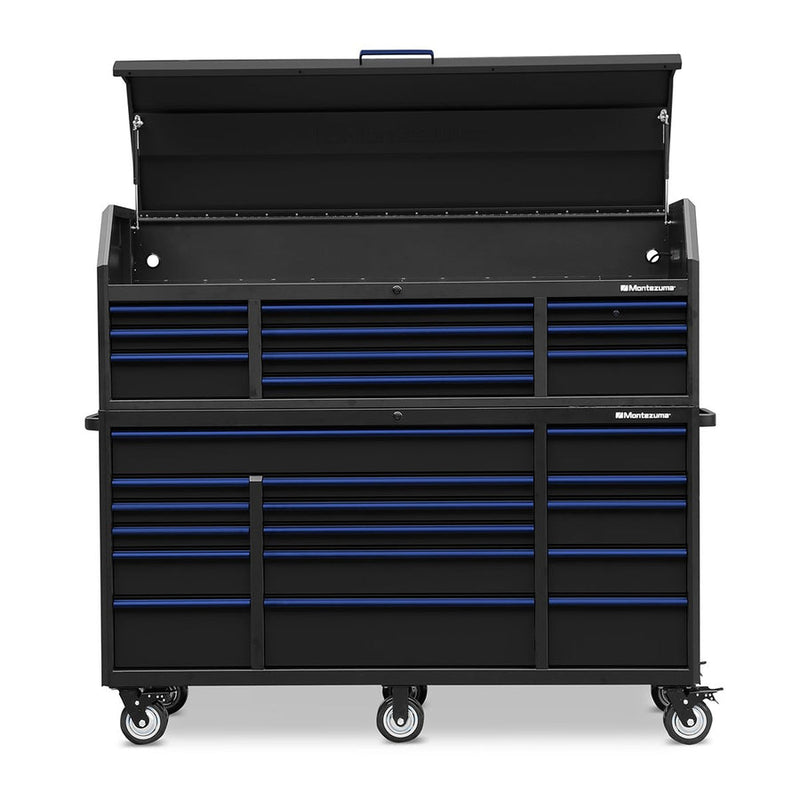 Montezuma Storage 72 in X 24 in 26-Drawer Rolling Tool Chest and Cabinet Combo in Blue and Black