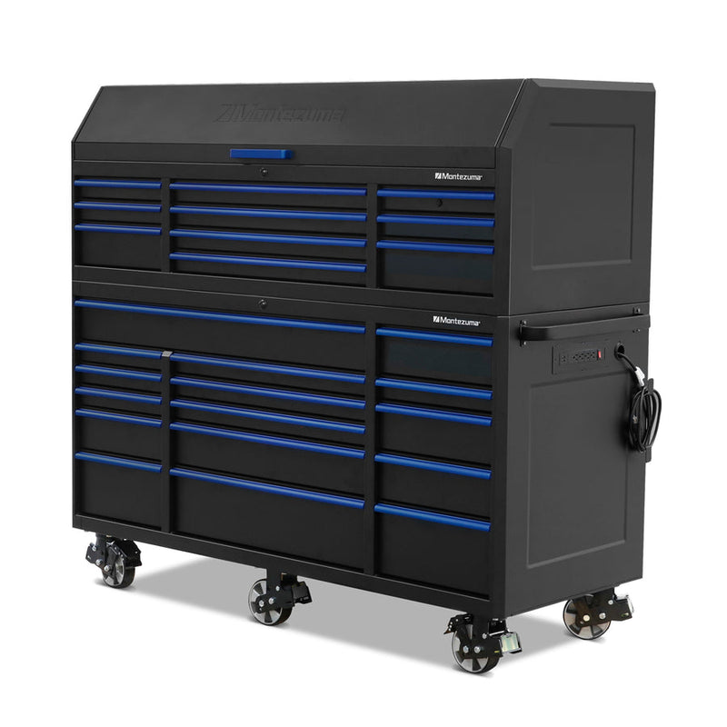 Montezuma Storage 72 in X 30 in 26-Drawer Rolling Tool Chest and Cabinet Combo in Blue and Black