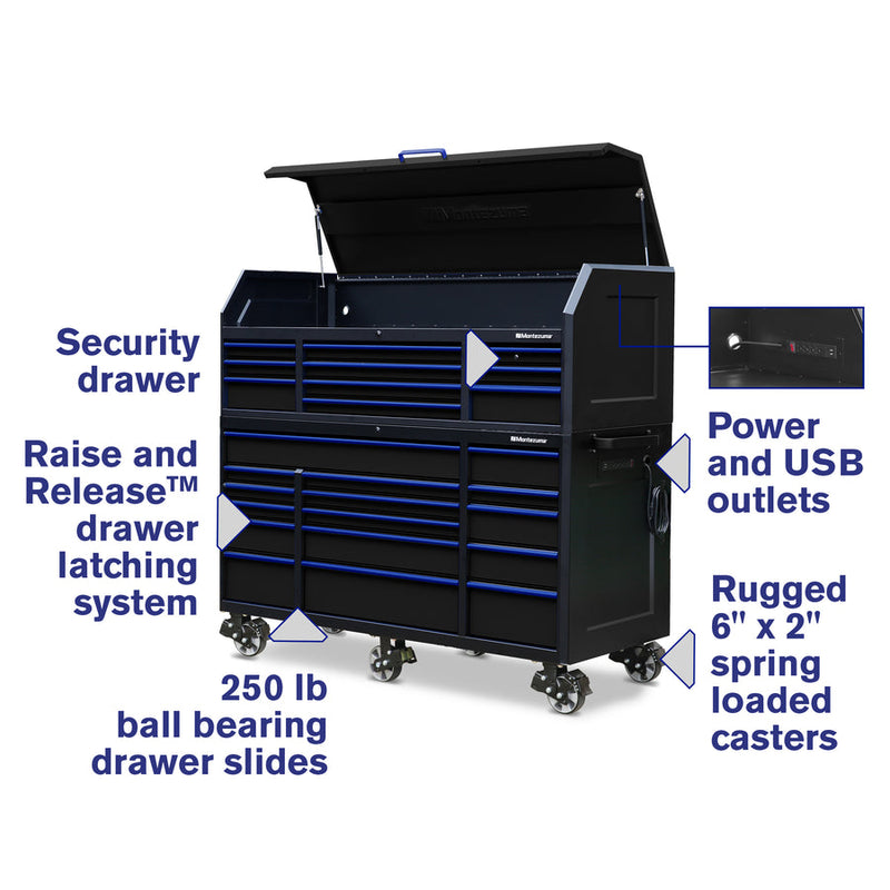 Montezuma Storage 72 in X 30 in 26-Drawer Rolling Tool Chest and Cabinet Combo in Blue and Black