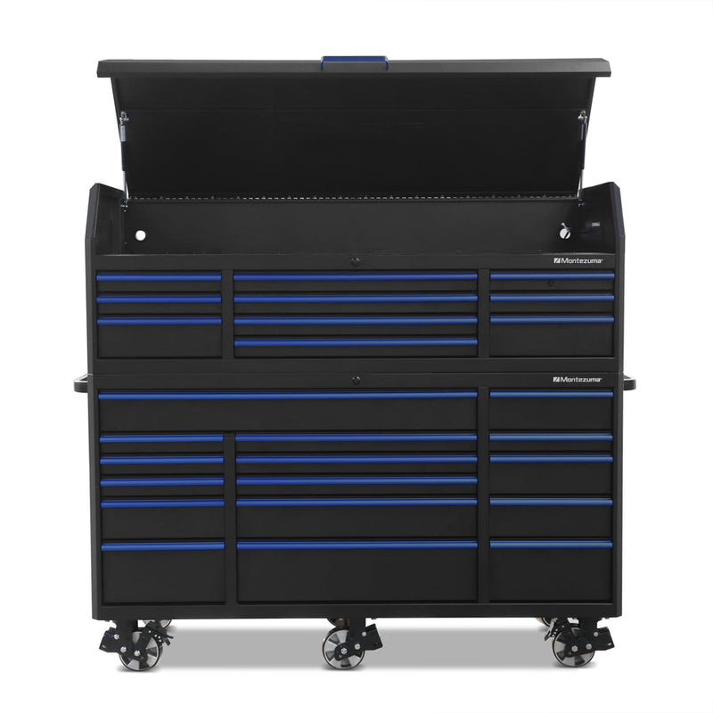 Montezuma Storage 72 in X 30 in 26-Drawer Rolling Tool Chest and Cabinet Combo in Blue and Black
