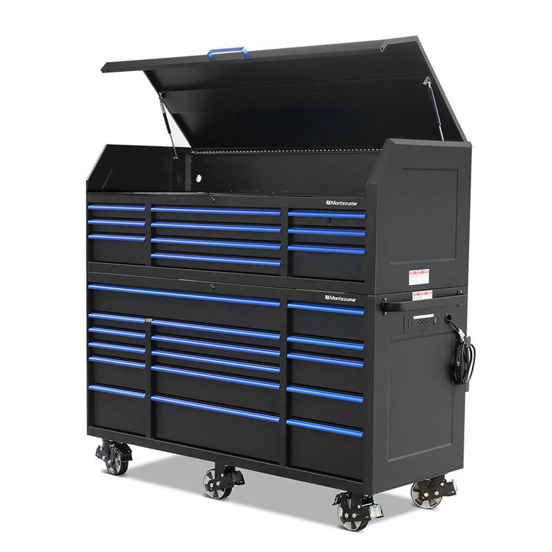 Montezuma Storage 72 in X 30 in 26-Drawer Rolling Tool Chest and Cabinet Combo in Blue and Black
