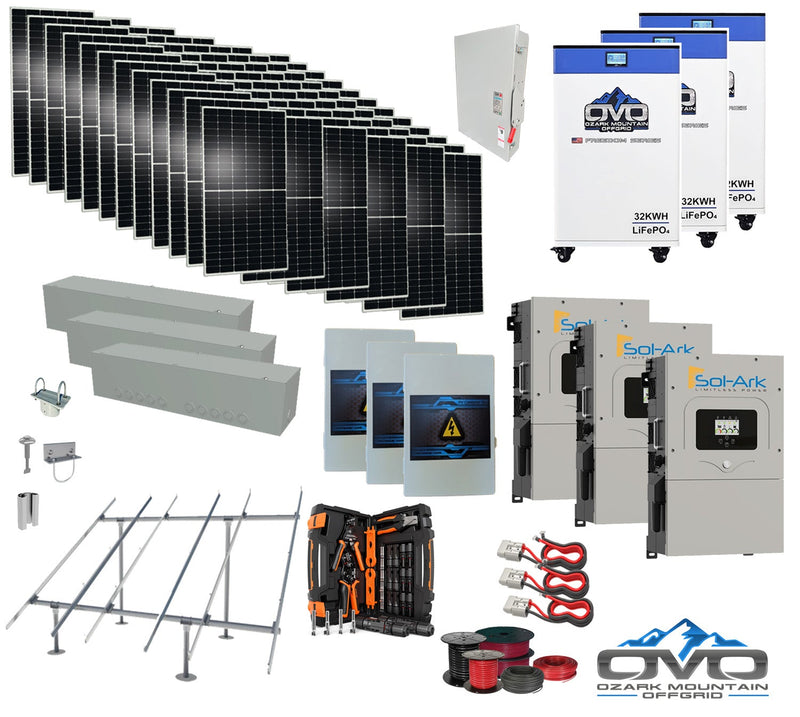 40KW Complete Offgrid Solar Kit + 3x 15K Sol-Ark Inverter + 3x 32kWh OMO 48V Freedom Series Lithium Battery +40.15KW Solar with Ground Mount and Wiring