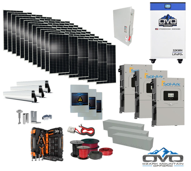 40KW Complete Offgrid Solar Kit + 3x 15K Sol-Ark Inverter + 32kWh OMO 48V Freedom Series Lithium Battery +40.15KW Solar with Roof Mount and Wiring