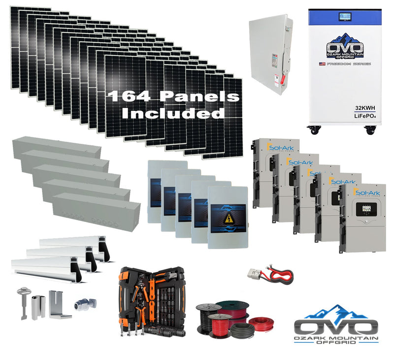 90KW Complete Offgrid Solar Kit + 5x 15K Sol-Ark Inverter + 32kWh OMO 48V Freedom Series Lithium Battery +90.2KW Solar with Roof Mount and Wiring